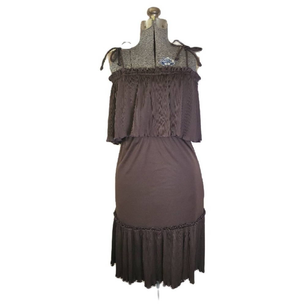 Vintage 60s 70s Brown Layered Midi Dress‎ Pleated Fitted Tie Straps S Boho Hippy